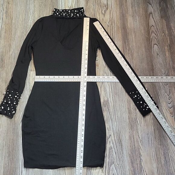 Black Bodycon Keyhole Pearl Accent Chocker Dress Size S - Picture 9 of 13